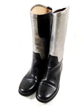 Chanel Women's Two-Tone Leather Mid-Calf Boots in Black and Silver
